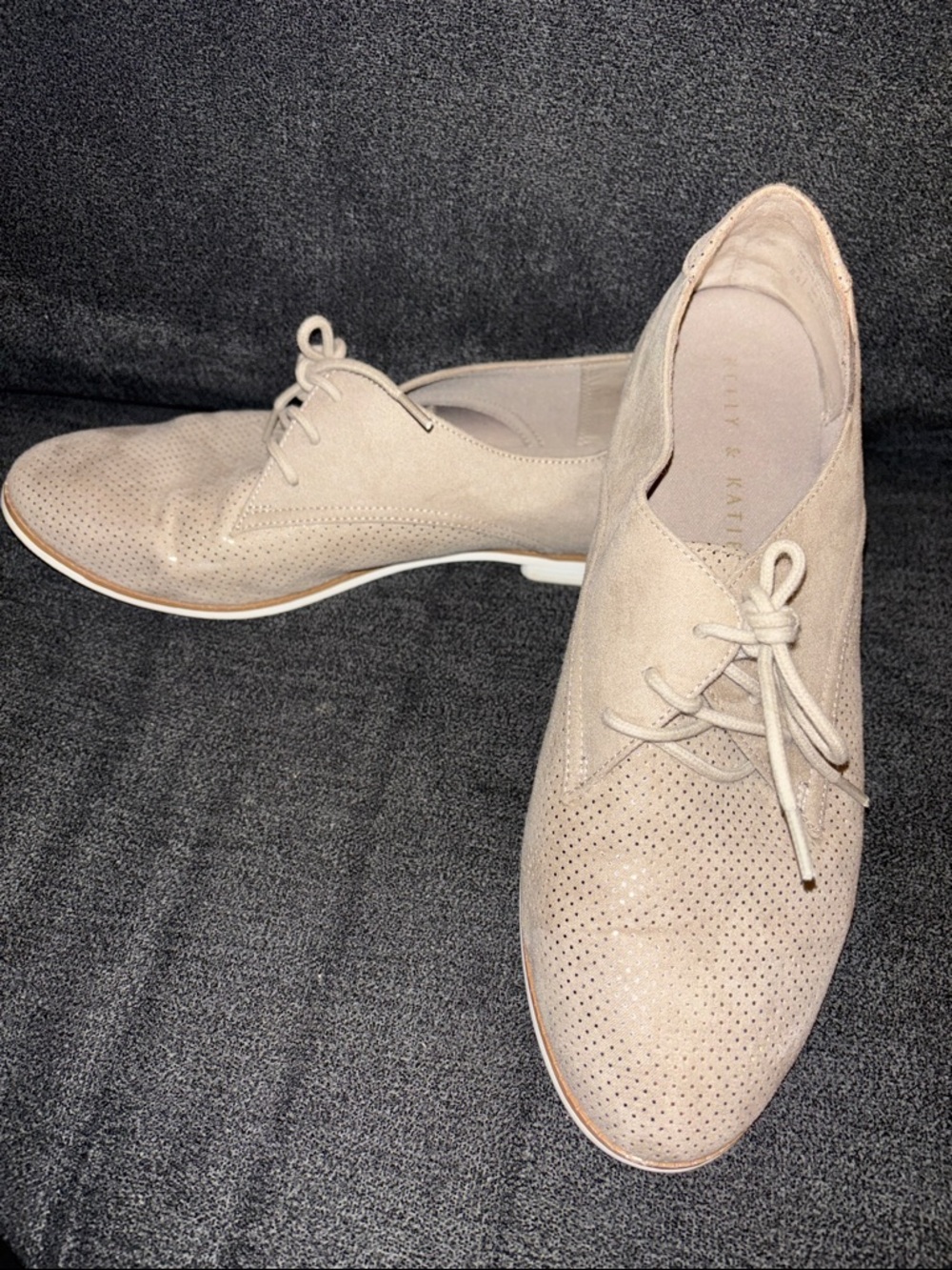 Kelly & Katie Light Beige Perforated Suede Lace-Up Flats